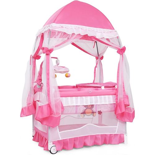 BABY JOY 4 in 1 Pack and Play with Canopy, Portable Baby Playard with Bassinet, Double-Layer Baby Crib, Wheels & Brake, Foldable Baby Girl Pink Princess Bassinet from Newborn to Toddler