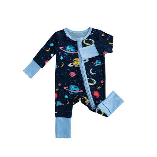 Weebloom Baby Bamboo Pajamas Bamboo Long Sleeved Zipper With Fabric Printing Infant To Toddler Daily Homewear Sleepwear Rompers,Blue 0-1 Months