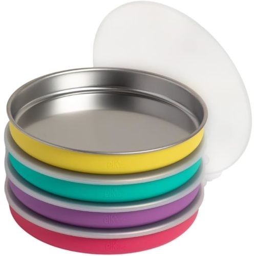 Elk and Friends 7.8” Stainless Steel Non Divided Plates with Silicone Sleeve + Storage Lid | Baby, Toddler, Kids | Dishwasher Safe | Dinner & Snack Plates | 4 Pack