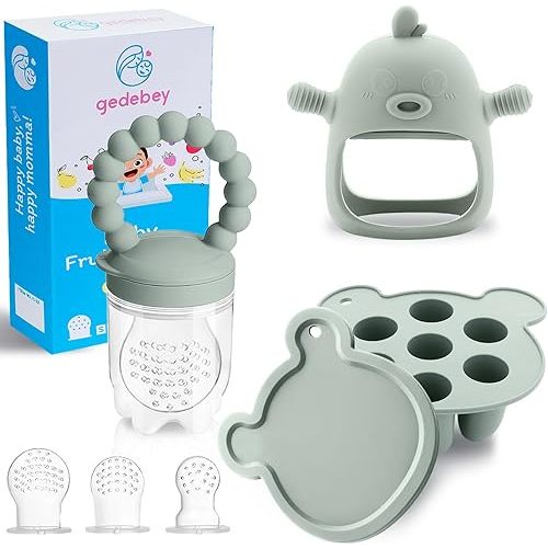 Baby Food Fruit Feeder and Breastmilk Popsicle Mold Set, 3 Pack - 1 Food Feeder Pacifier for Teething Relief, 1 Freezer Tray, 1 Baby Teether Toy, Silicone Fruit Teether (Pea Green)