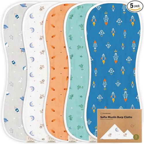 5-Pack Muslin Burp Cloths Baby Boy, Girl - Very Absorbent Baby Burp Cloth Rags, 8-Layers Viscose Derived from Bamboo Cotton Muslin Towel, Super Soft Spit Up Rags, No Shrink Washcloths (Cosmo)