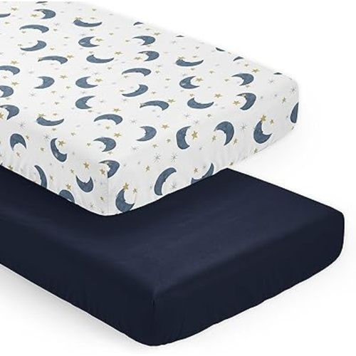 Sweet Jojo Designs 2-Piece Baby Crib Sheets Set (Moon and Star) for Girls/Boys, Infant Nursery, Toddler Room - Fitted, Standard Size (Solid Navy Blue and Watercolor, Celestial, Sky, Stars and Moons)