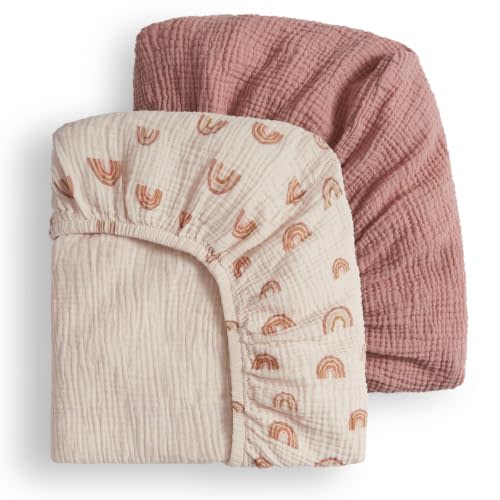 Blissful Diary Muslin Crib Sheets, 2 Pack, Dusty Pink & Rainbow | fitted for 52''x28'' crib mattress, soft and breathable cotton, boho style, easy care for machine wash, gift for boy and girl