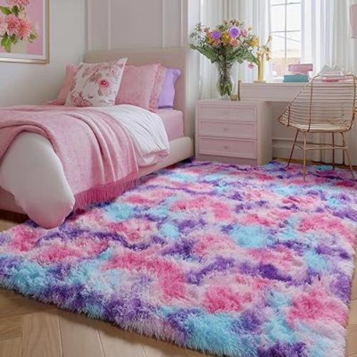 PAGISOFE Rainbow Purple Rugs for Girls Bedoom 5x7 Ft, Fluffy Cute Colorful Pastel Princess Carpet for Living-Room Kids Nursery, Ultra Soft Dorm Rug for Room Decor Aesthetic,Hot Pink Bedroom Decor