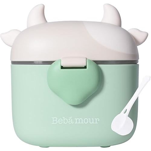 Bebamour Baby Formula Dispenser On The Go, Formula Container to Go, Formula Holder for Travel, Candy Fruit Snack Storage Container with Scoop and Leveller (Light Green Cow)