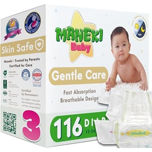 MANEKI Size 3 Diapers, Highly Absorbent & Breathable Baby Diapers, Size 3 (12–24 lbs), 116 Count, Hypoallergenic & Fragrance-Free, Day & Night Protection for Sensitive Skin, Packaging May Vary