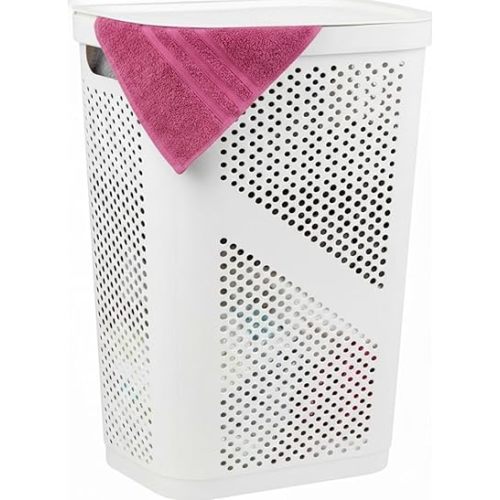 Slim Laundry Hamper with Lid, 60L Clothes Basket, Plastic laundry basket,for Home Storage Clothes Organizer, Laundry Room, College Dorm White