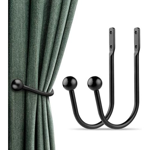 Curtain Holdbacks, 2pcs Curtains Holder Wall Mounted Drapery Tiebacks Retro Window Hook for Home Decor, Matte Black