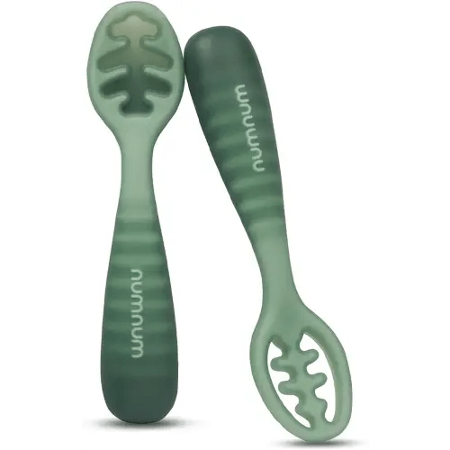 NumNum Baby Spoons Set, Baby Essentials Pre-Spoon GOOtensils for 12+ Months, First Stage Self-Feeding Spoons for Baby Led Weaning (BLW), Silicone Toddler Utensils, BPA-Free, 2 Pack Green