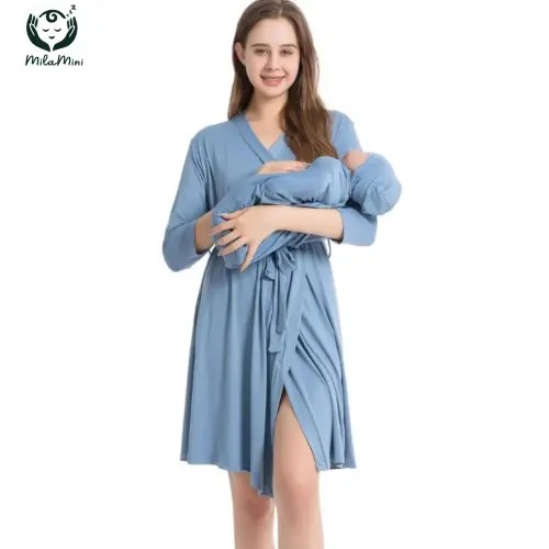 MilaMini Maternity Robe and Baby Receiving Blanket, Matching Mommy Labor Delivery Robe and Swaddle Set Denim blue - TikTok Shop