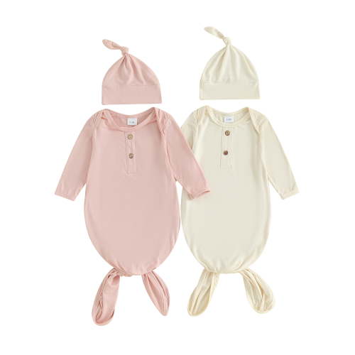Bagilaanoe 2 Packs Newborn Boy Girl Sleeping Sack 0-3M Baby Solid Color Long Sleeve Wearable Blanket Infant Swaddle Sleep Bag + Beanie Hat Set