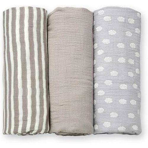 Fruit of the Loom Baby Collection - Cotton Muslin Swaddle & Receiving Blankets for Infants - 3-Pack - Cloud