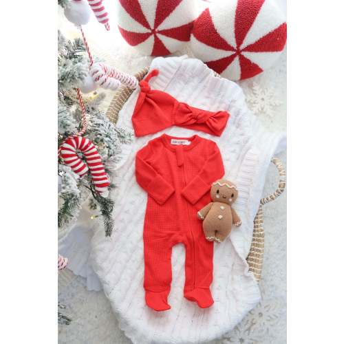 Candy Cane Red Organic Waffle Knit Footie With Bow Or Hat