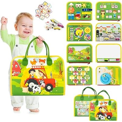 Busy Book for Toddlers 1-3, Farm Toddler Busy Board Montessori Toys for 1 2 3 4 Year Old, Sensory Board Preschool Learning Toys Quiet Books Birthday Gifts for Girls Boys, Travel Toys for Airplane Car