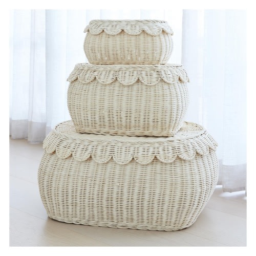 Scalloped Rattan Basket Set Of 3 - Hand-Woven & Award-Winning - 22 x 16 x 10 In - Wicker Storage Baskets