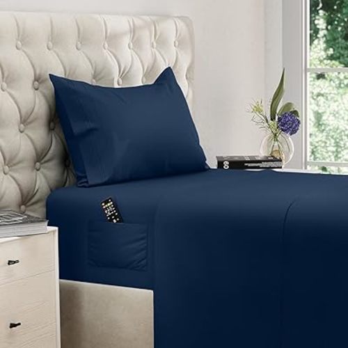 DREAMCARE Twin XL Sheet Sets – 3pcs Cooling Sheets – up to 15” Deep Pocket Twin XL Sheets Set – Hotel Luxury Sheets & Pillowcases – Superior Softness 100% Fine Microfiber with Side Pocket – Navy Blue