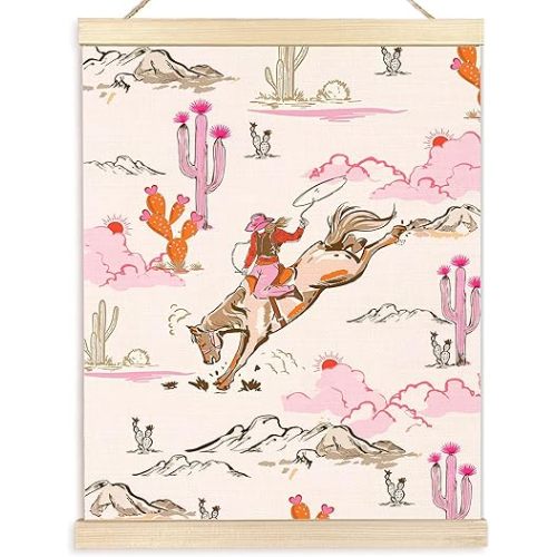 BESERH Pink Western Wall Art Posters, Cowgirl Room Wall Decor, Boho Wild Western Desert Cactus Rodeo Horse Cowgirl Canvas Prints Artwork Framed for Home Girls Bedroom Dorm, 12x16 Inch