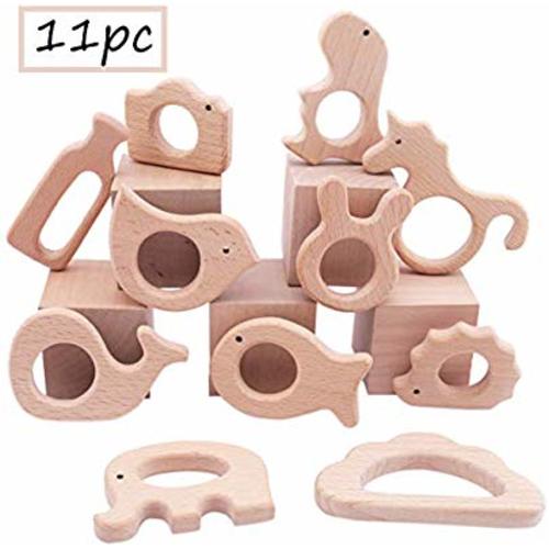 Promise Babe Nature Wood Teething Toys 11pc Bird Elephant Wooden Teether Montessori Toys Wood Teether Rings Organic Infant Teether Handmade Pendant Set Shower Gift - HZ-W02