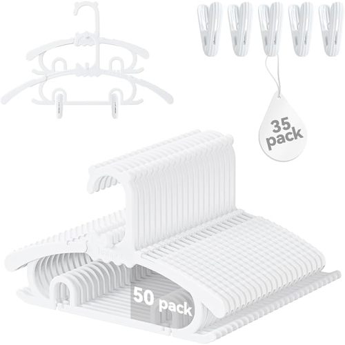 50 Pack Baby Hangers,with 35 Detachable Clips Adjustable 11.14"-15.55", Stackable Kids Closet Hangers, Two Bottom Grooves for Secure Clip Placement.Fits Newborns,Toddlers, Children & Teens(White)