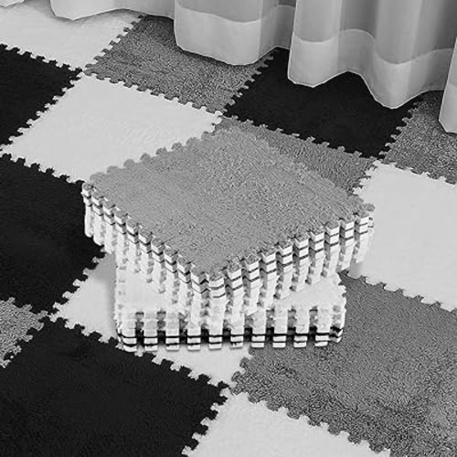 Amylove 36 Pcs Plush Foam Floor Mat Square Interlocking Carpet Tiles with Border Fluffy Play Mat Floor Tiles Soft Climbing Area Rugs for Home Playroom, 12 x 12 x 0.4 in (Black,White,Gray)