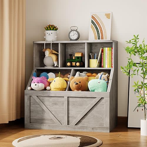 IDEALHOUSE Kids Bookshelf and Toy Storage, Toy Storage Organizer, Toy Organizer with Storage Cabinet and Toy Shelf, Toddler Book Shelf for Kids Rooms, Playroom, Bedroom, Nursery, Daycare, Washed Grey