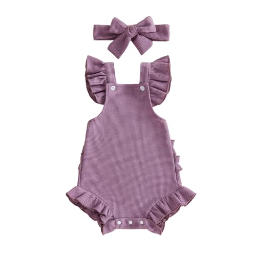 Covvoliy ​Infant Baby Girl Summer Clothes Outfits Cute Print Fly Sleeve Romper Jumpsuit Bodysuit with Headband