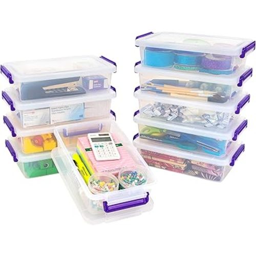 IRIS USA 3 Qt. Plastic Craft Storage Container Bins with Lids, 10 Pack, Small Art & Office Supply Organizer Tote, Sensory Bins & Boxes for Home & University, Stackable, Secure Latch Buckles, Clear