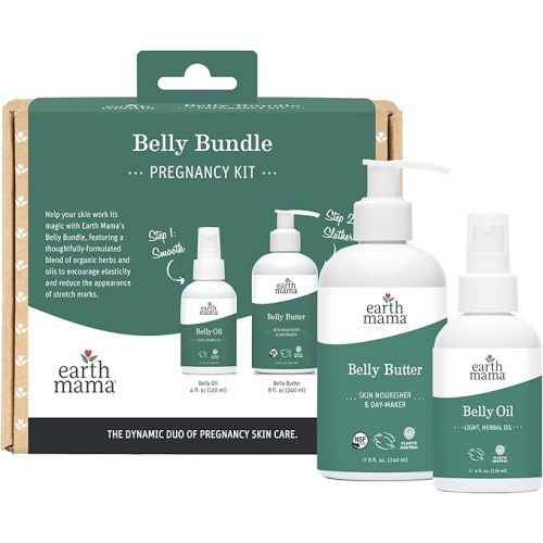 Earth Mama Belly Bundle Pregnancy Kit - 8 fl oz Butter & 4 fl oz Oil - Self Care Gift Set for Pregnancy & Postpartum Skin Care Recovery - Maternity & Postpartum Essentials