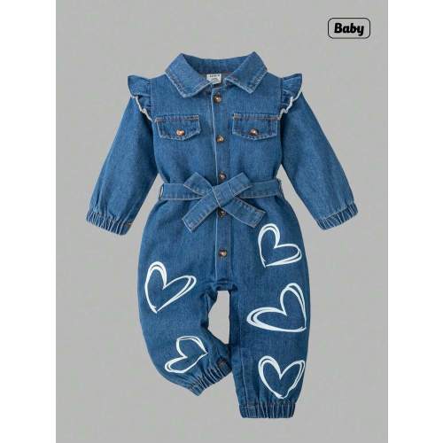 Sweetra Baby Girls Casual Blue Cap Sleeve Heart Decor Washed Denim Jumpsuit Pants, New Arrival Autumn/Winter,Holiday,Summer,Travel | SHEIN USA