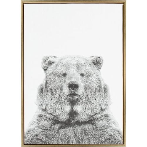 Kate and Laurel Sylvie Bear Animal Print Black and White Portrait Framed Canvas Wall Art by Simon Te Tai, 23x33 Gold