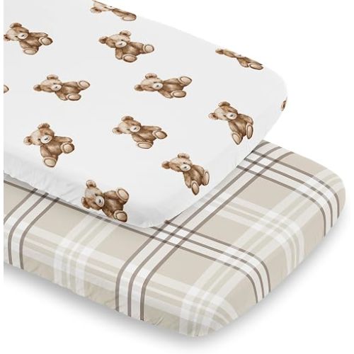 Sweet Jojo Designs 2-Piece Baby Bassinet Sheets Set (Boho Teddy Bear) for Boys/Girls, Infant Newborn Nursery, Oval, Rectangle & Hourglass Mattress (Taupe Plaid & Brown, Watercolor Wholesome Aesthetic)