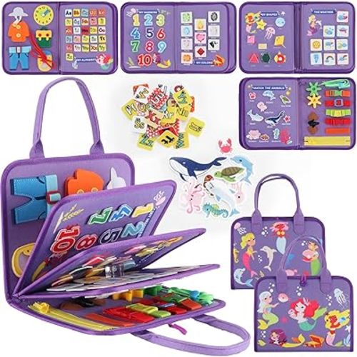 Montessori Busy Board for Toddlers 1-3, Soft Sensory Activity Book with Life Skills, Cognition, Sorting, Matching, Travel Toys for Airplane Car, Gift for Girls Boys 2-4 Years Old (Mermaid)
