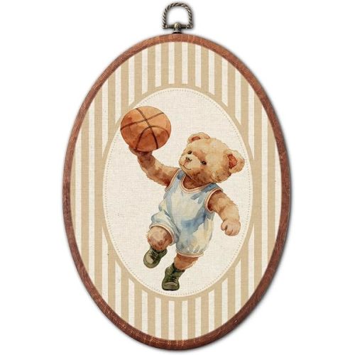 Vintage Basketball Bear Nursery Oval Wall Art Framed, Sports Canvas Prints