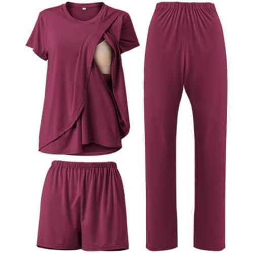 Rnxrbb 3 Piece Postpartum Nursing Pajamas Set Maternity Breastfeeding Pjs