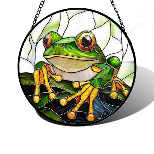 DASTOLL Stained Glass Window Hanging, Green Frog White Petals Sun Catchers Colorful Glass Panel Cute Suncatcher Decor for Birthday for Women, Men, Wife, Aunt, and Mom 6.3 in