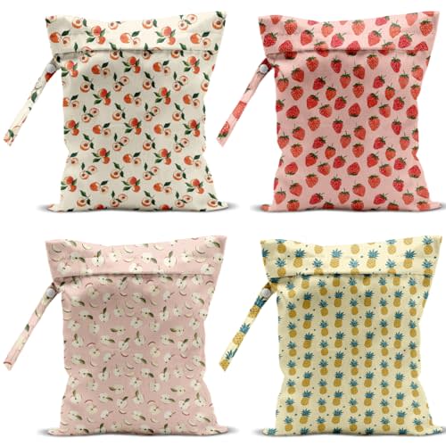 4 Pack Cute Fruit Wet Bag Waterproof Washable Reusable Wet Dry Bag for Swimsuit Clothes Cloth Diaper Travel Beach Pool Yoga Gym Toiletries Travel Beach Essentials Strawberry Pineapples