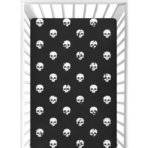 CaTaKu Skull Heads Black Mini Crib Sheets for Girls Boys Baby Mattress Sheets Fitted, Soft Toddler Nursery Bed Sheets Neutral 28"x 52"