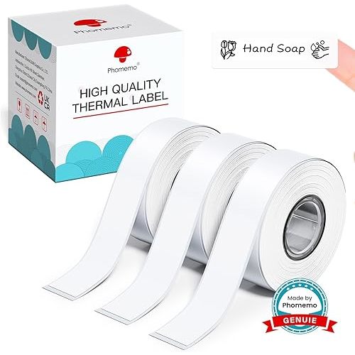 Phomemo Labels, D30 Label Tape Continuous Print Master Labels Refill, Smart Mini Label Maker Refill D30 D35 Black on White Sticker Thermal Paper Self-Adhesive, 15mm x 6m (0.59 x 236.22 Inch) 3-Roll