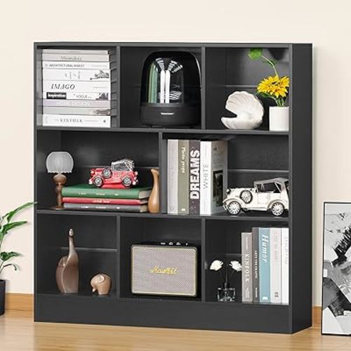 YAHARBO Black Wide Bookshelf,3 Tier Modern Horizontal Bookcase,Wood Low Bookshelves Display Storage Cabinet with Base,Floor Standing 8 Cube Large Bookcases Organizer for Bedroom,Living Room,Office