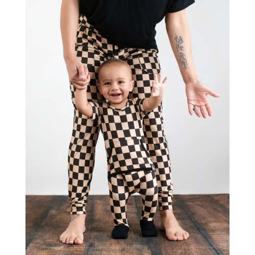 Front Opening Ready Set Romper® in TAN CHECKS