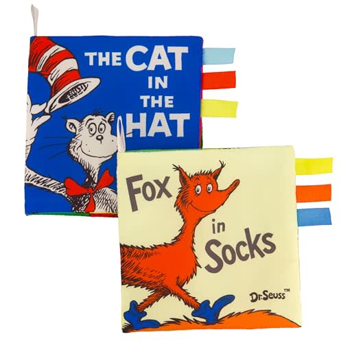 Infantino Dr. Seuss Soft Activity Books, The Cat in The Hat & Fox in Socks, Baby Cloth Books with Colorful Pages and Satin Tags, Sensory Toys for Infants & Toddlers 0+ Months, 2-Pack