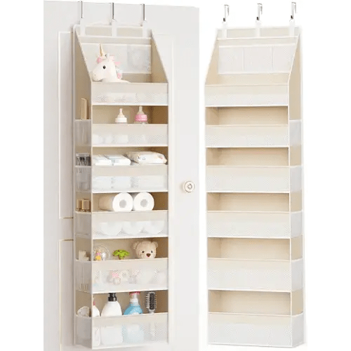 Criusia Over the Door Organizer, 6-Shelf Closet Hanging Storage with 13 Mesh Pockets, 55lbs Capacity Behind the Door Storage for Baby Nursery, Bathroom, Bedroom, and Dorm, Beige