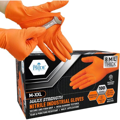 MED PRIDE Maxx Strength Nitrile Industrial Orange Gloves, 8 Mil Thick - Diamond Texture Disposable Heavy-Duty, Tear-Resistant
