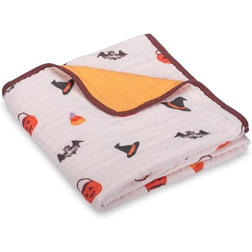 LollyBanks Muslin Baby Blanket 100% Cotton, Muslin Quilt Lightweight, 6 Layers Soft Blanket Neutral, 47"x 47" Toddler Blankets for Girls and Boys (Pumpkin,Bat,Witch Hat/Halloween Print)