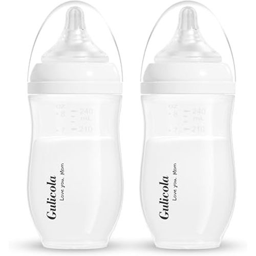 Gulicola Natural PP Baby Breastfeeding Bottles, Medium Flow Nipples (M), 3 Months +, White, 8 oz - 2pks