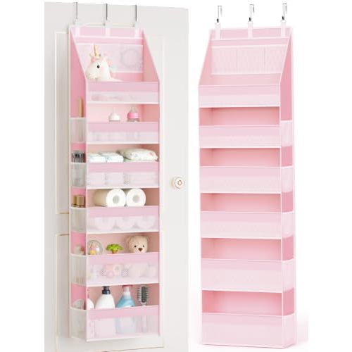 Over the Door Organizer, 6-Shelf Closet Hanging Storage with 13 Mesh Pockets, 55lbs Capacity Behind the Door Storage for Baby Nursery, Bathroom, Bedroom, and Dorm, Pink