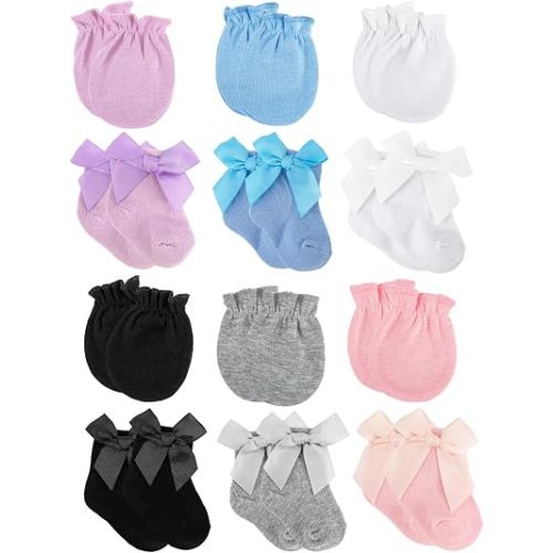 12 Pack Newborn Baby Mittens and Socks Set for 0-6 Months Baby Girls Boy,Bow Cotton Newborn Socks Mittens No Scratch Infant Gloves Newborn Baby Essentials