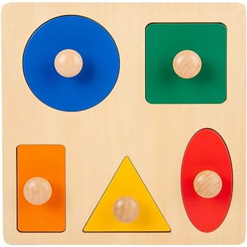 Montessori Toys for Babies 6-12 Months Wooden Shape Puzzles for Toddlers 1-3,Jumbo Knob Baby Puzzles for Easy Grasp,Color & Shape Sorter - Montessori Puzzle Preschool Learning Toys(5 Geometric Shape)
