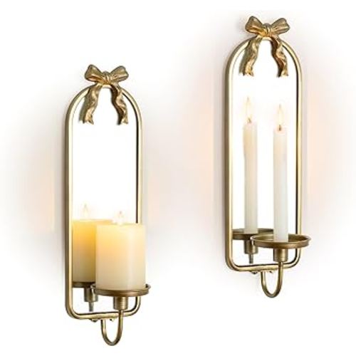 Gold Candle Sconces Wall Decor: Modern Decorative Wall Candle Holder Set of Two for Bedroom - Vintage French Metal Bow Mirror Sconces Beside Fireplace TV