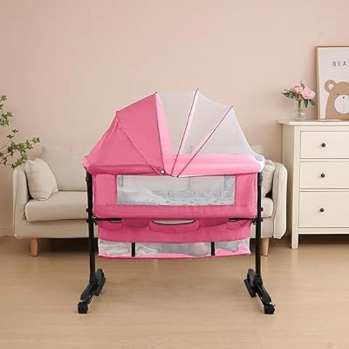 YADAQE Baby Bassinet, Baby Basinet Bedside Sleeper, Easy to Fold Portable Crib Side Bassinet 2025new Style Girl/boy bassinets (Pink)